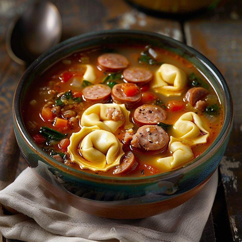 A bowl of Sausage Tortellini Soup with spinach, garnished with herbs.