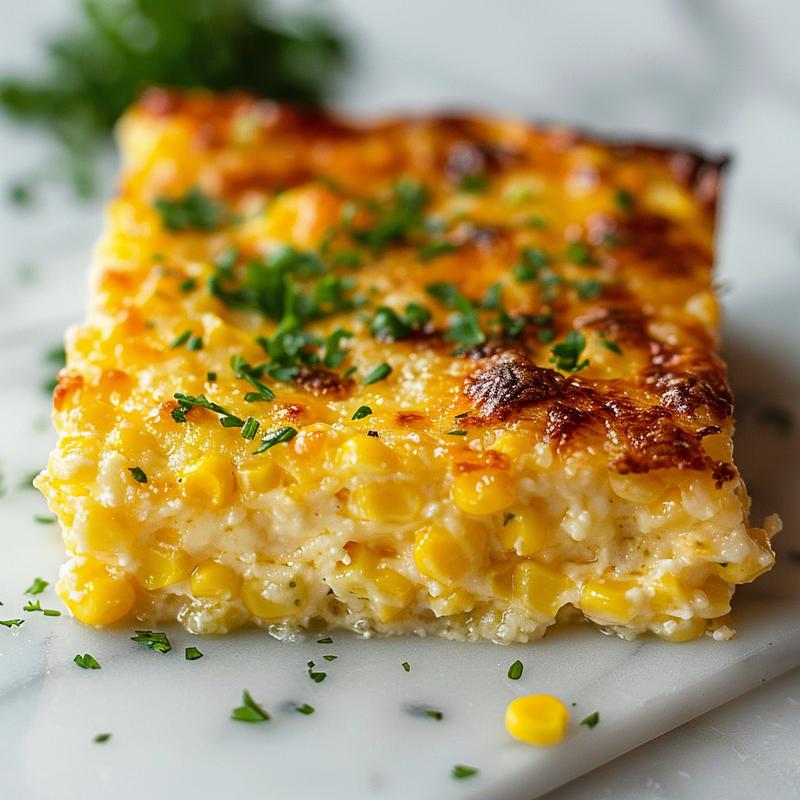 Close-up of a creamy corn casserole topped with a golden, baked layer, on a white marble surface.