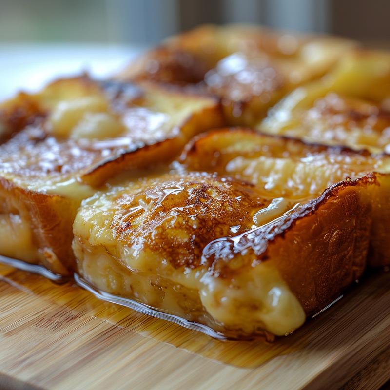 Close-up of a portion of French toast casserole on a wooden board.