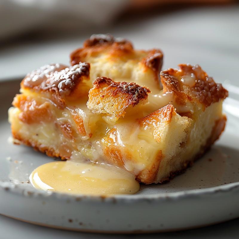 Close-up of a creamy bread pudding with vanilla sauce on a light grey plate.