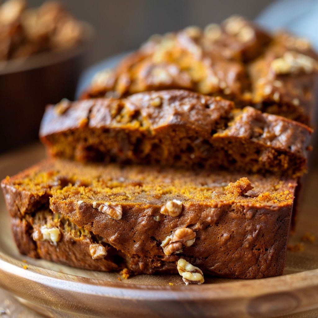 A freshly baked loaf of pumpkin bread with a soft texture, displayed on a wooden cutting board.