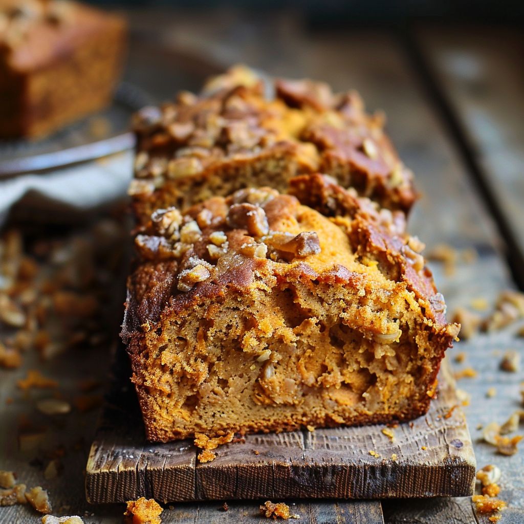 A freshly baked loaf of pumpkin bread cooling on a wooden cutting board, with slices cut revealing its moist texture.