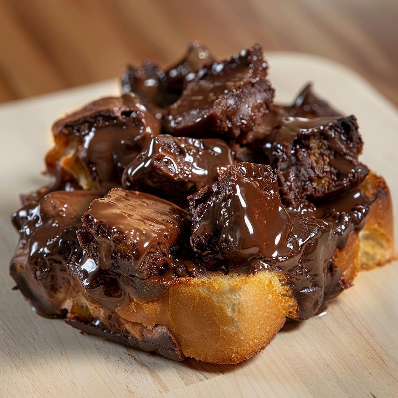 Close-up of a rich chocolate bread pudding on a light wood board.