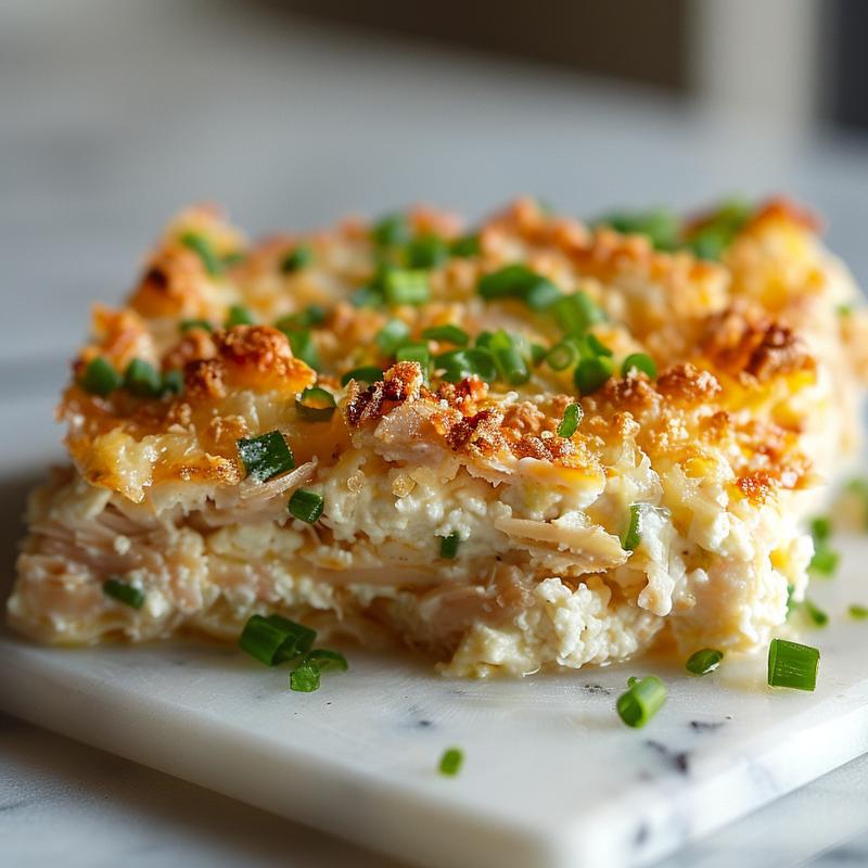 Close-up of a creamy tuna and cottage cheese casserole on a white marble surface.
