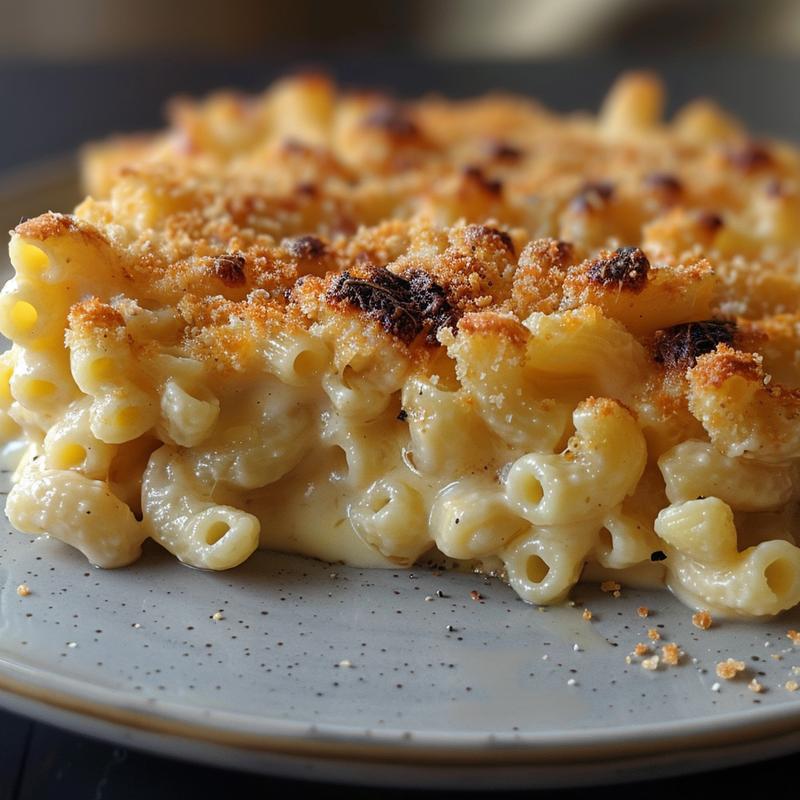 Close-up of creamy baked mac and cheese on a light grey ceramic plate, showcasing rich cheese texture.