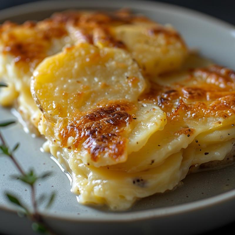 Close-up of scalloped potatoes with a creamy texture on a light grey plate.