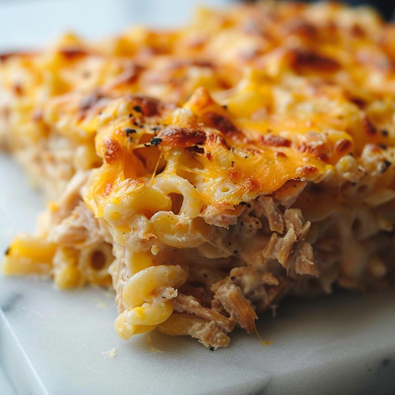 Close-up view of a delicious serving of hash brown egg casserole on a white marble surface.