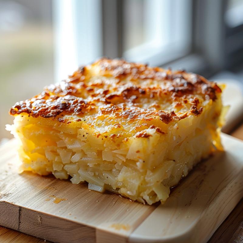 Close-up of a golden hashbrown casserole with a crispy top, set on a light wood board.