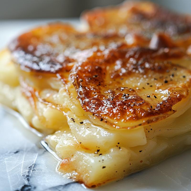 Close-up view of creamy scalloped potatoes on a white marble surface.
