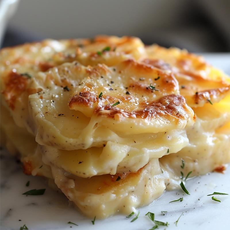Close-up of creamy scalloped potatoes in a white bowl on a marble surface.