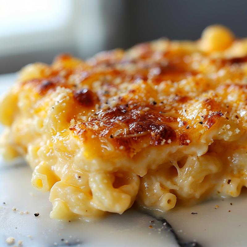 Close-up of creamy mac and cheese with a vibrant, cheesy texture on a white marble surface.