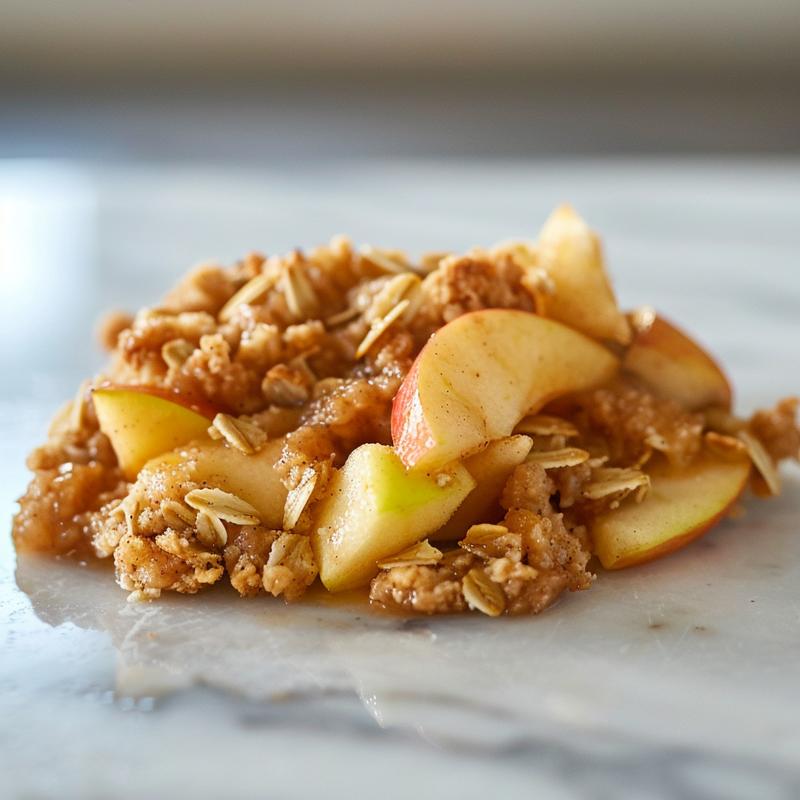 Close-up of apple crisp topping on a white marble surface, highlighting its texture and color.