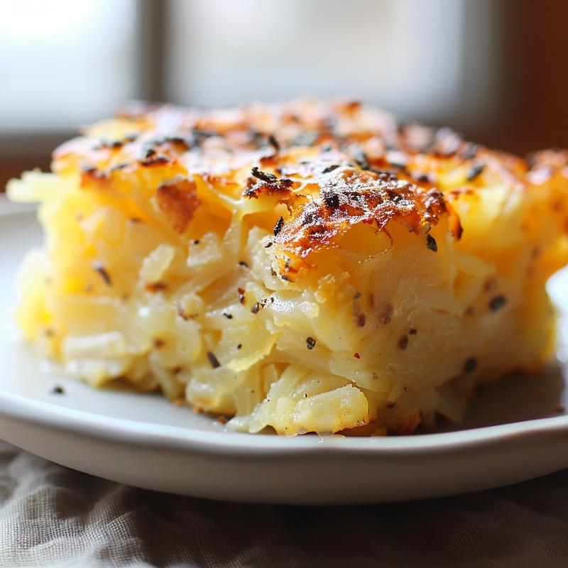 Close-up of a serving of crockpot breakfast casserole on a light grey plate.