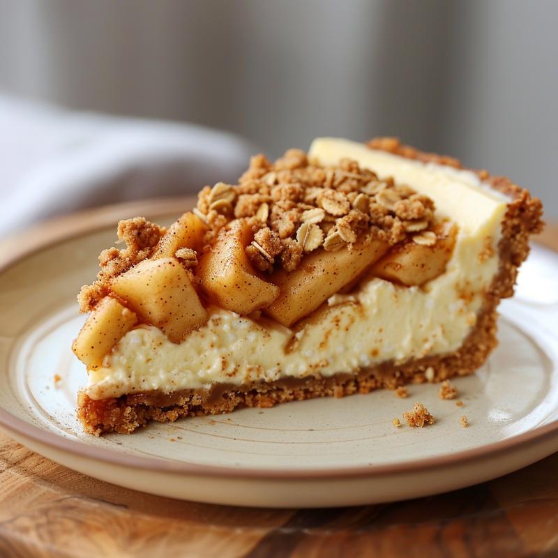 Close-up of a slice of apple crisp cake on a light wood board, showcasing its texture and layers.