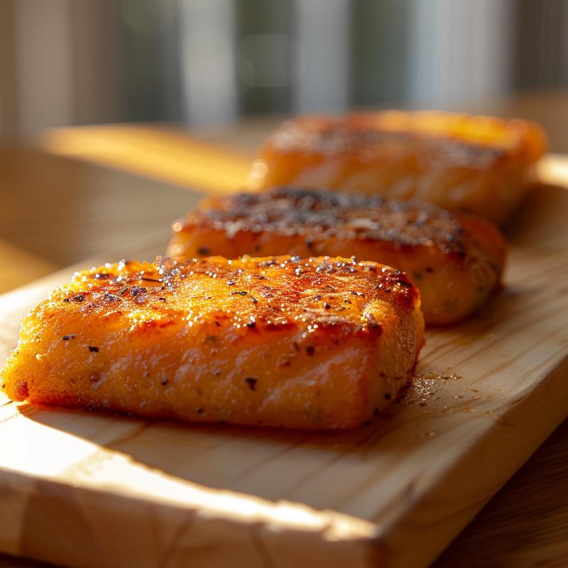 Extreme close-up of a delicious dish on a light wood board, showcasing intricate textures.