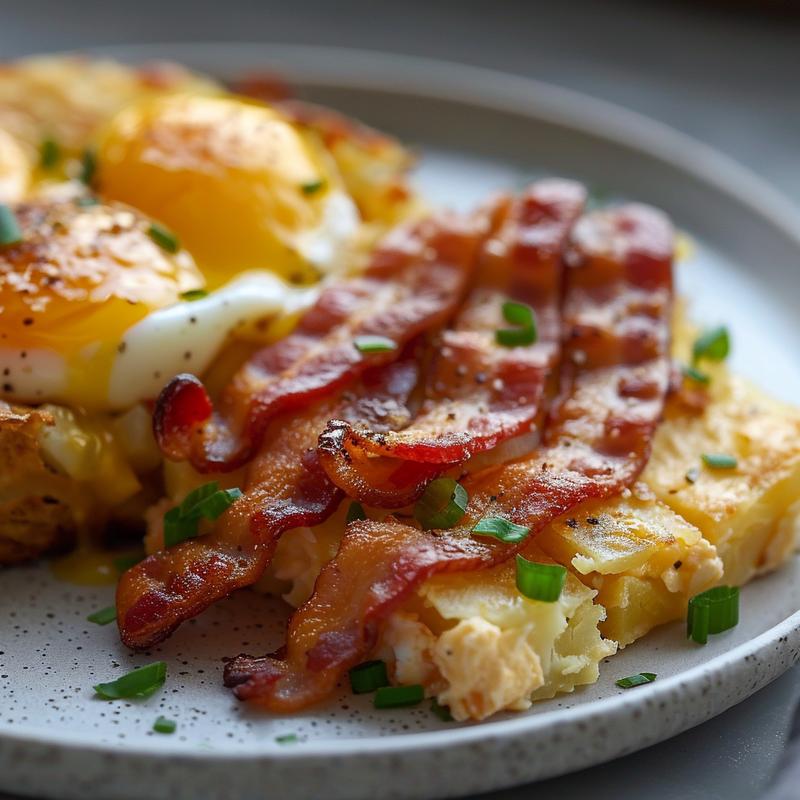 Close-up of a delicious bacon, egg, and hashbrown casserole on a light grey ceramic plate.