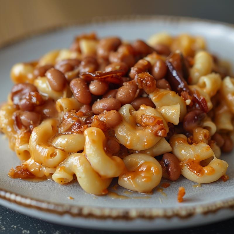 Close-up of creamy mac and cheese topped with baked beans on a light grey plate.
