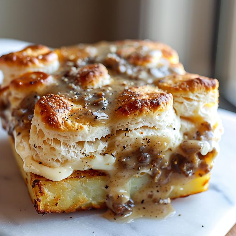 A close-up view of a delicious, creamy biscuits and gravy hashbrown breakfast casserole on a white marble surface.