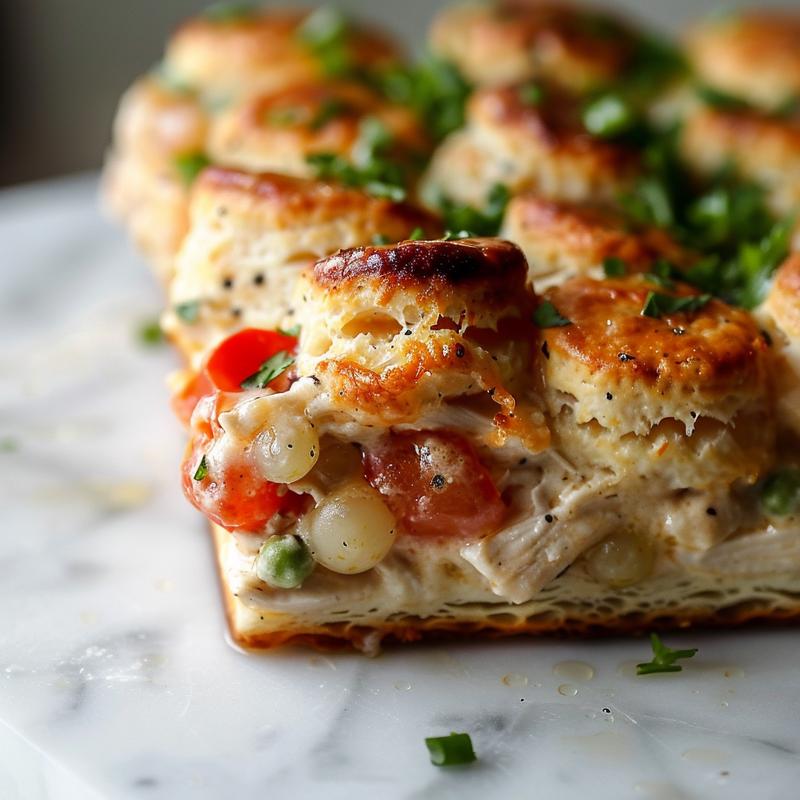 A close-up view of a baked chicken casserole with biscuit toppings on a white marble surface.