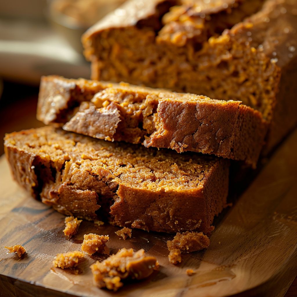 A slice of moist pumpkin bread on a wooden cutting board with a sprinkle of pumpkin seeds on top.