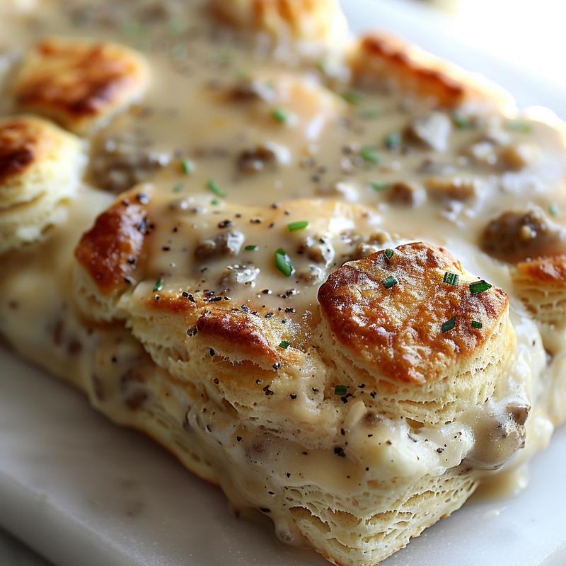 Close-up of a portion of biscuits and gravy breakfast casserole on a white marble surface.