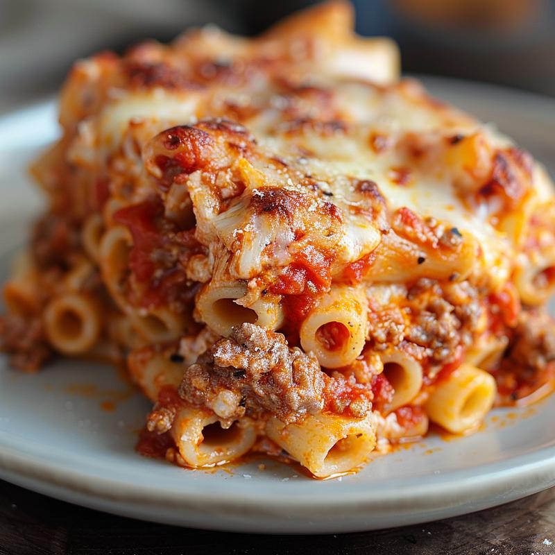 Close-up of a portion of cheesy baked ziti topped with meaty marinara sauce on a grey ceramic plate.