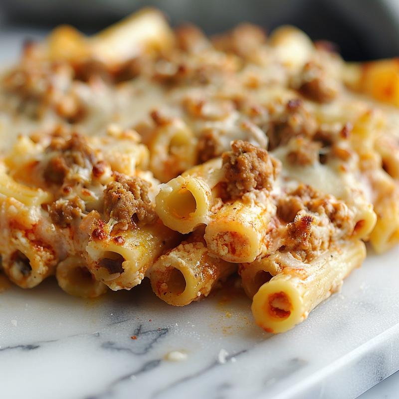 Close-up of a creamy cheesy baked ziti on a marble surface.