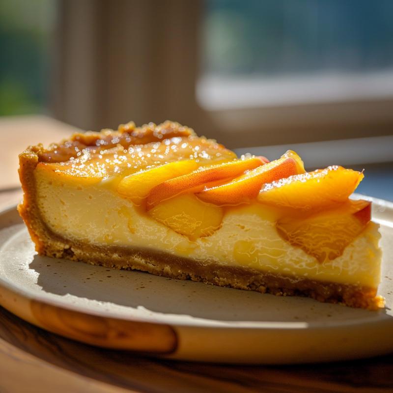 Close-up of a slice of peach cobbler cheesecake on a wooden board, showcasing its creamy texture and golden peach topping.