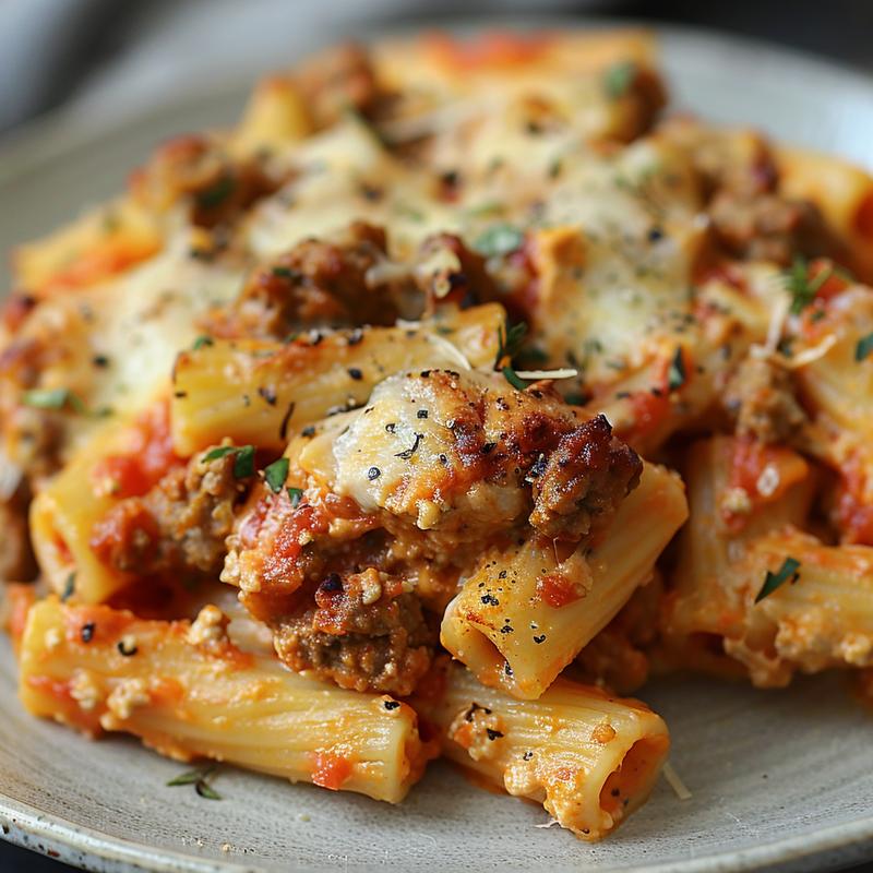 Close-up of a creamy meatless baked ziti on a light grey plate.