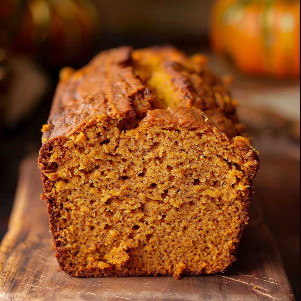 A slice of moist pumpkin bread topped with a brown sugar pecan mixture on a rustic wooden surface.