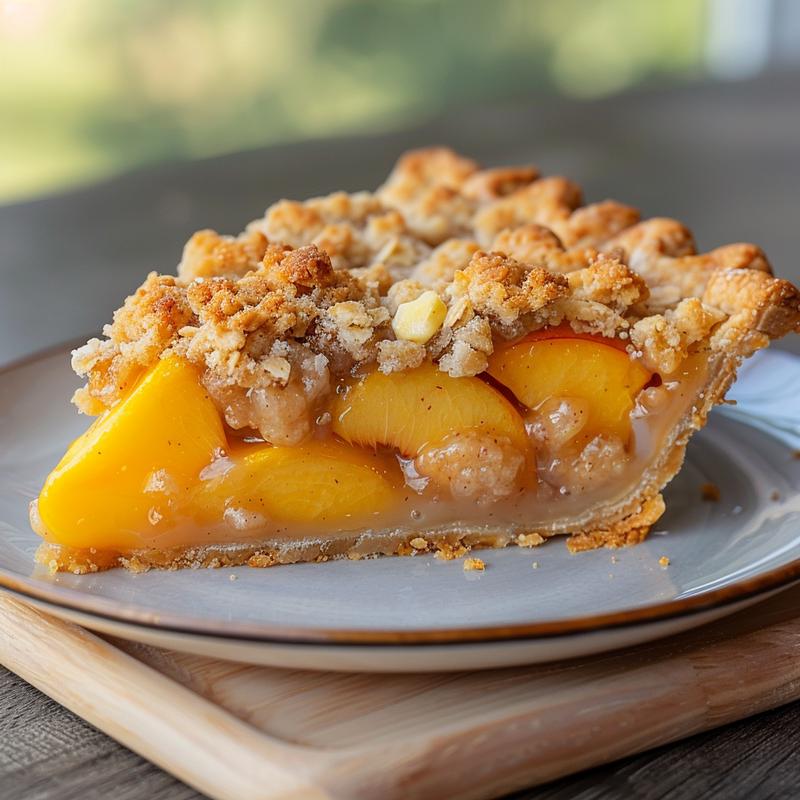 A close-up slice of peach crumble pie with a golden buttery topping on a light wood board.