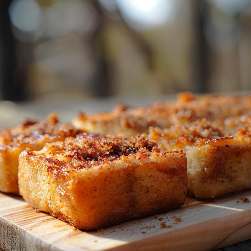 A close-up view of a slice of baked French toast topped with a dusting of powdered sugar.