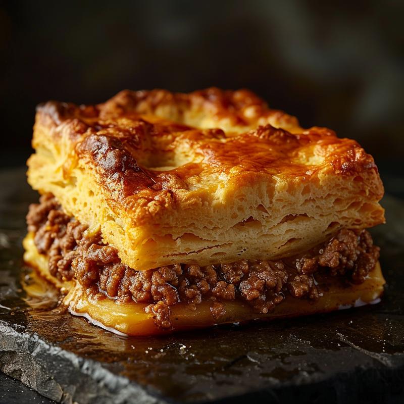Close-up of a rich ground beef and biscuit casserole with a golden biscuit topping on a dark stone countertop.