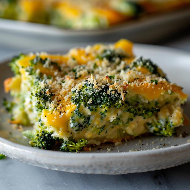 Close-up of a cheesy broccoli casserole on a light grey plate, showcasing creamy texture and vibrant green broccoli.
