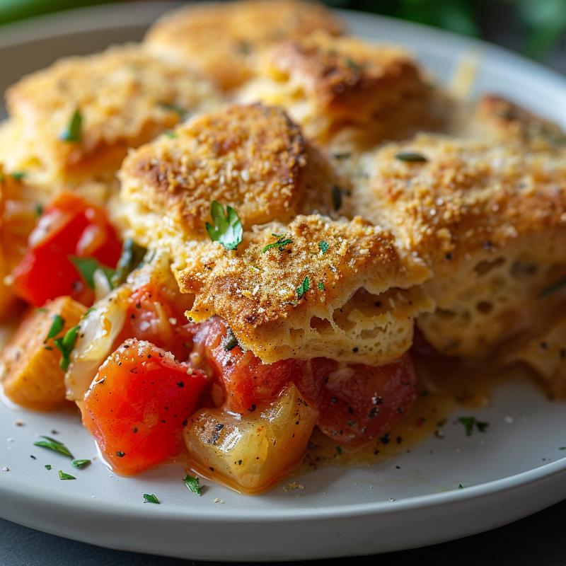 A close-up of a golden, flaky biscuit casserole portion on a grey ceramic plate, showcasing its textured layers.