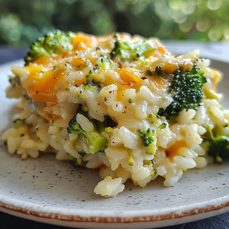 Close-up of a creamy broccoli cheese rice casserole on a grey ceramic plate.