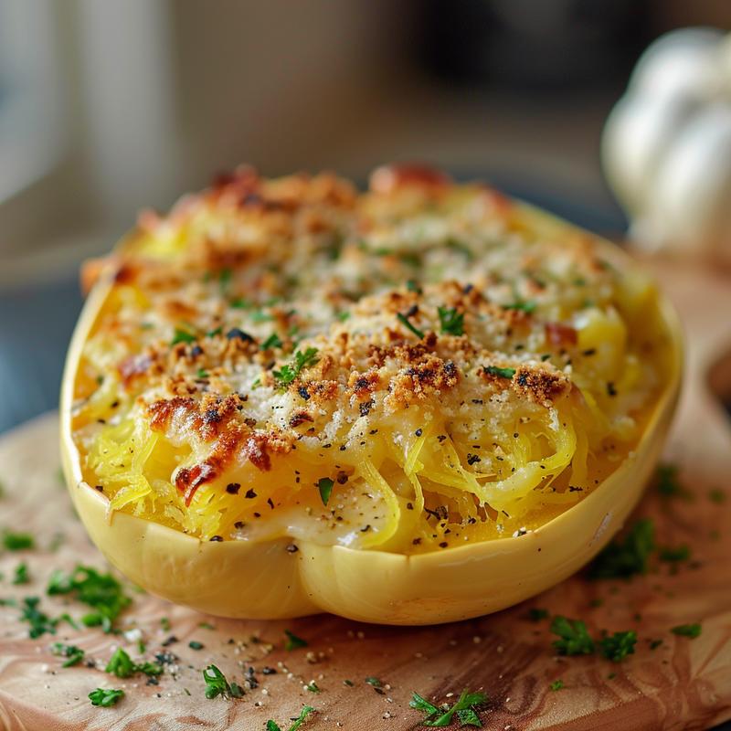 Close-up of a portion of baked spaghetti squash au gratin on a wood board.
