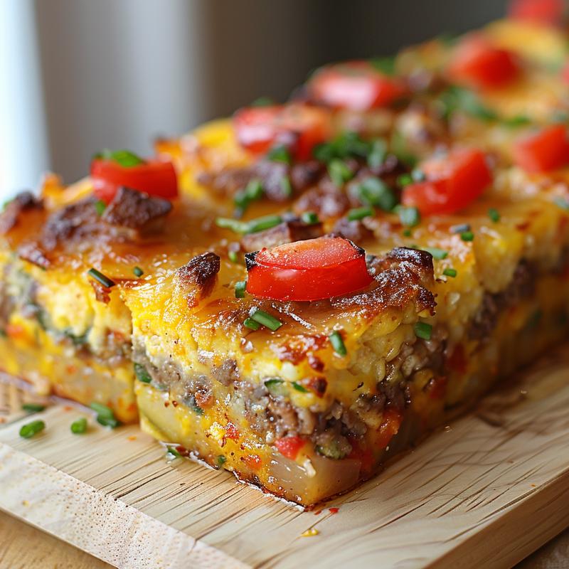 A close-up of a portion of overnight breakfast casserole, showcasing layers and textures on a light wood board.