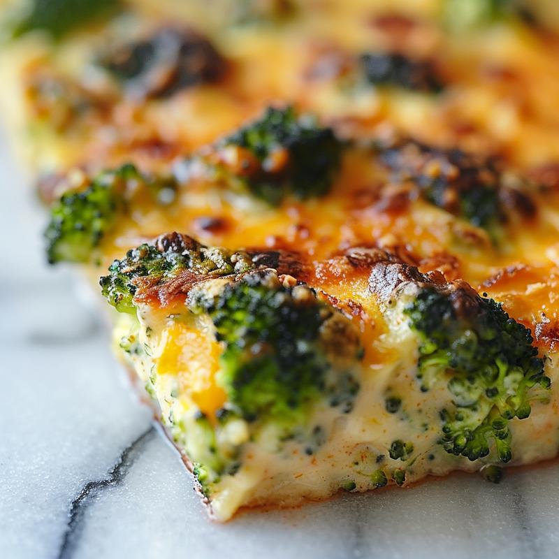 Close-up of a creamy broccoli cheese casserole on a white marble surface.