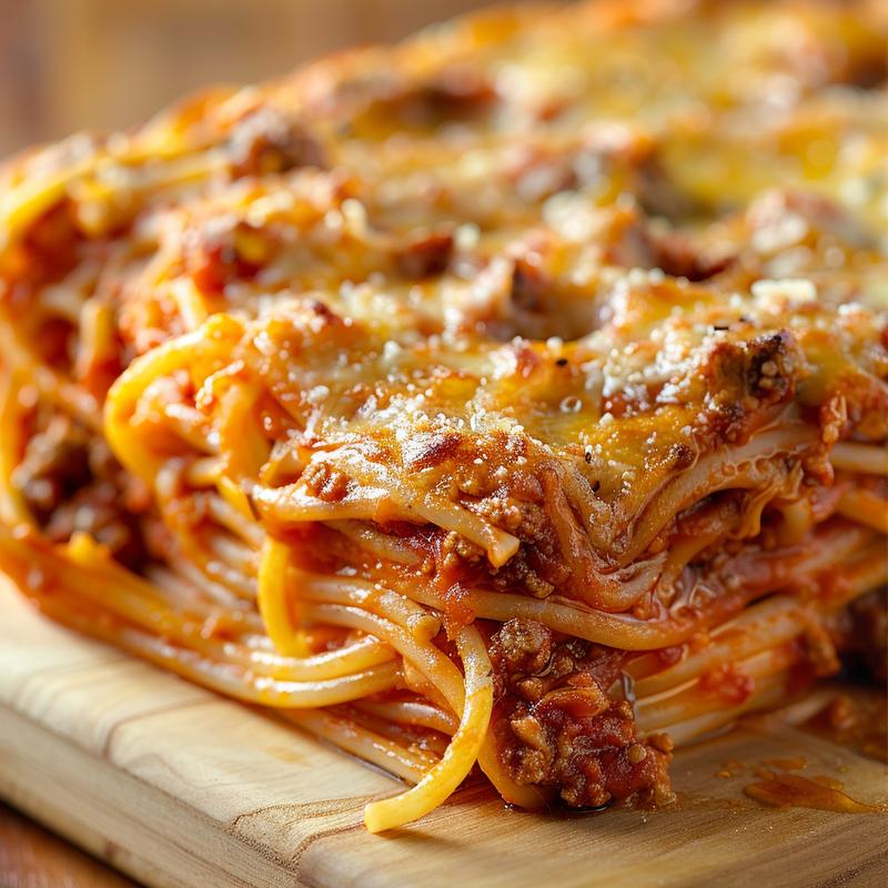 A close-up shot of a delicious portion of baked spaghetti on a wooden board.