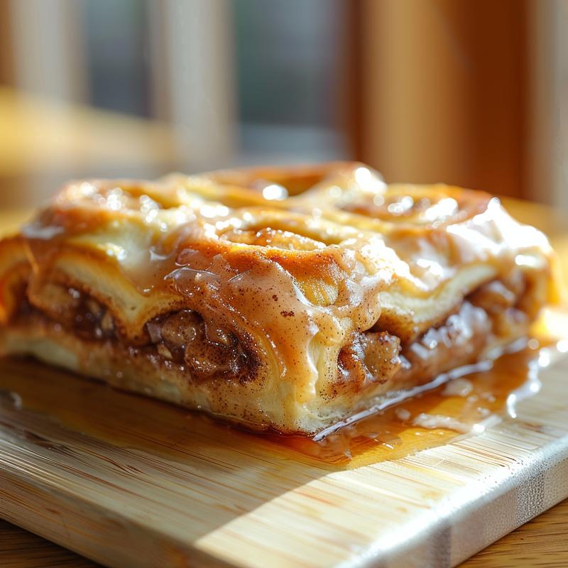 Close-up of a portion of overnight cinnamon roll casserole on a wooden board.