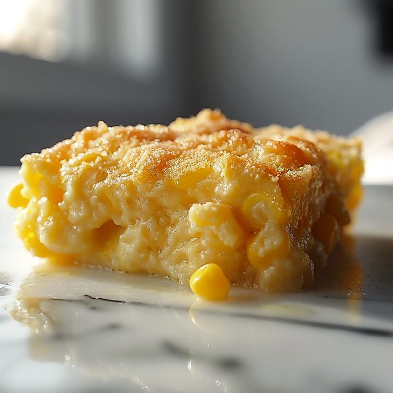 Close-up view of a creamy egg and biscuit overnight casserole with golden biscuit pieces and egg texture.