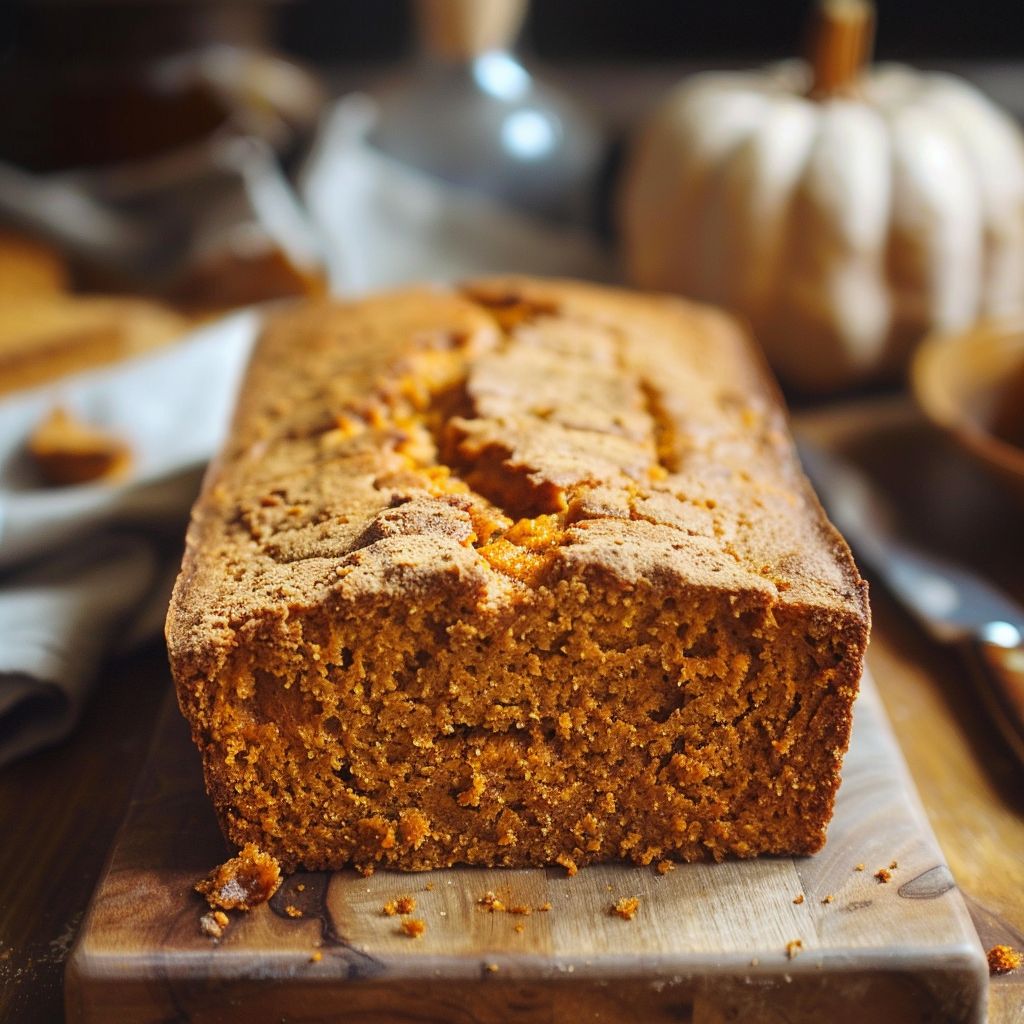A loaf of golden-brown pumpkin bread with a moist texture, resting on a wooden cutting board.