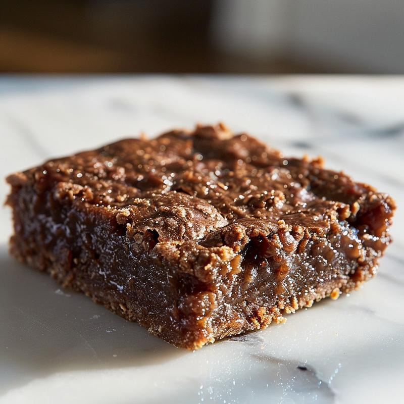Close-up view of a rich chocolate cobbler on a white marble surface.