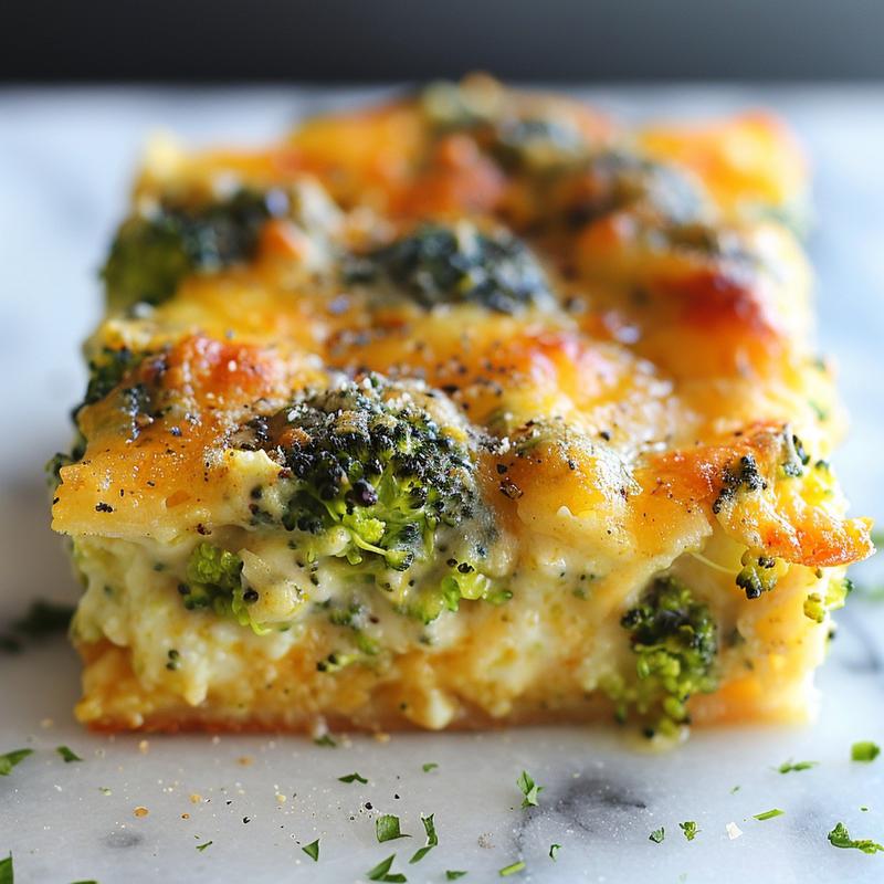 Close-up of a creamy broccoli cheese casserole on a white marble surface.