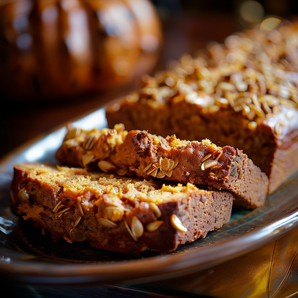 A close-up view of freshly baked pumpkin bread with a golden-brown crust and a soft interior.