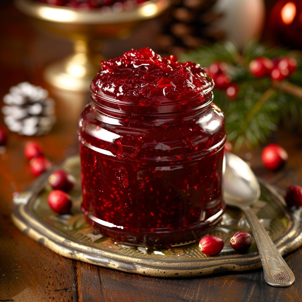 A jar of sweet cranberry jam with a bright red color, placed on a rustic wooden table.