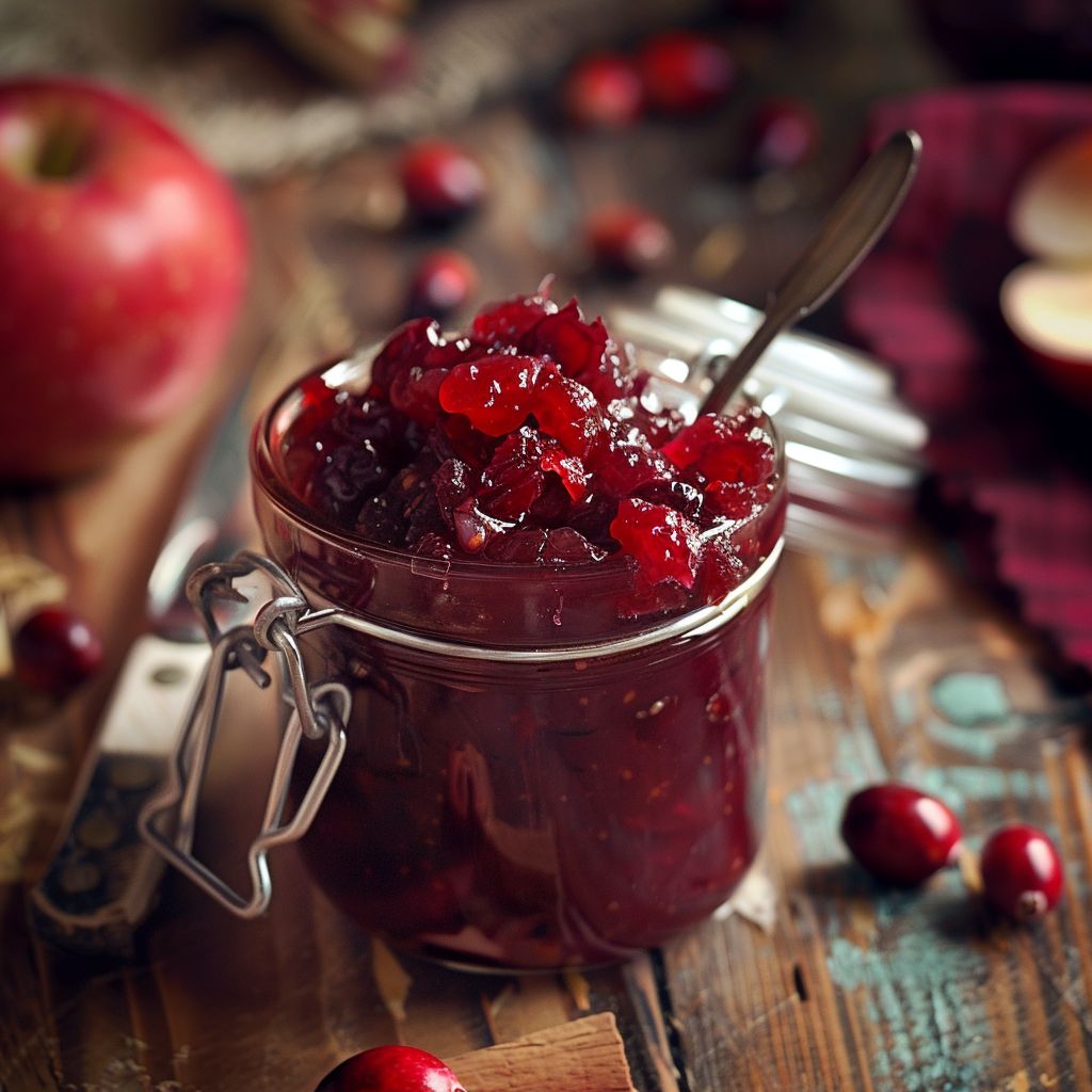 A glass jar filled with vibrant red cranberry apple chutney, garnished with fresh herbs, set on a rustic wooden table.