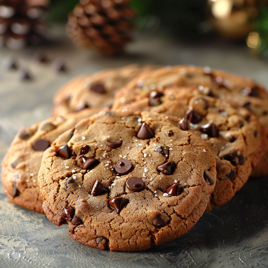 A close-up view of freshly baked chocolate chip cookies on a festive plate.