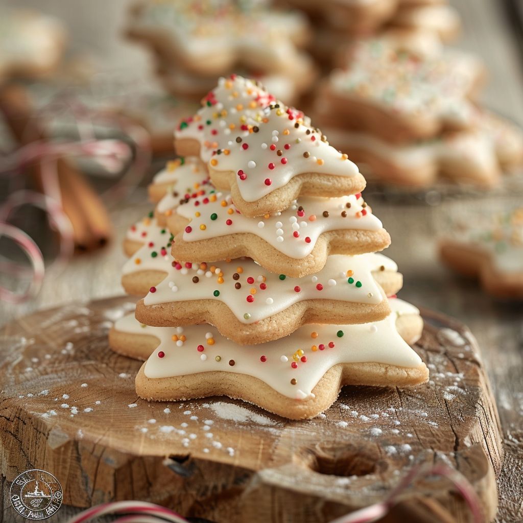 A variety of decorated cookies arranged on a wooden table, featuring vibrant icing and sprinkles.